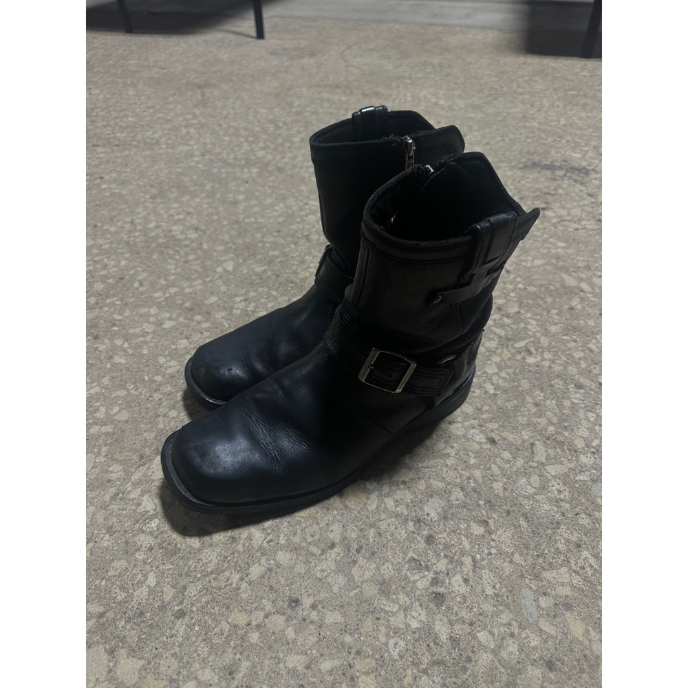 Motorcycle Biker Boots Black Leather Buckle Accent Zip Up Mens